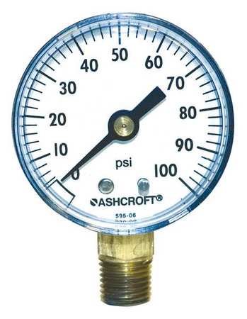 Ashcroft Pressure Gauge, 0 to 100 psi, 1/4 in MNPT, Plastic, Black 20W1005PH02L100#