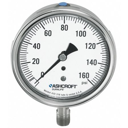 Ashcroft Pressure Gauge, 0 to 100 psi, 1/4 in MNPT, Stainless Steel, Silver 251009SWL02L100#