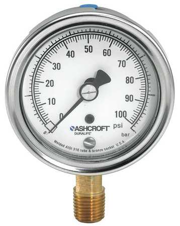 ASHCROFT Compound Gauge, -30 to 0 to 15 in Hg/psi, 1/4 in MNPT, Stainless Steel, Silver 251009AWL02LV/15#