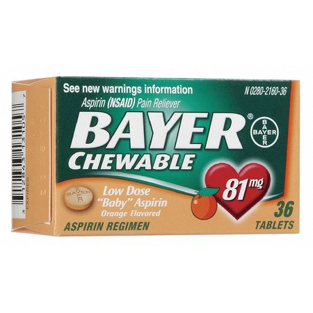 BAYER Aspirin, Chewable, 36 x 1, Bottle, 81mg 20-132