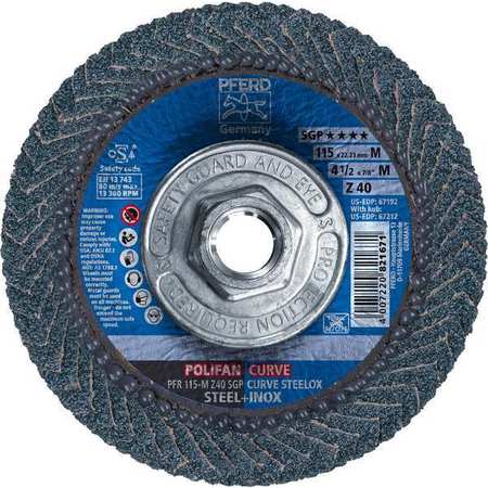 Pferd 4-1/2" x 5/8-11 Thd. POLIFAN® Flap Disc - Z SGP CURVE STEELOX, Zirconia, 40 Grit, Medium Radius 67212