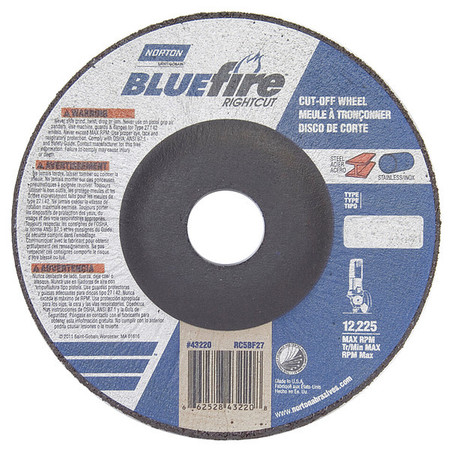 NORTON ABRASIVES Depressed Center Wheels, Type 27, 5 in Dia, 0.045 in Thick, 7/8 in Arbor Hole Size 66252843220