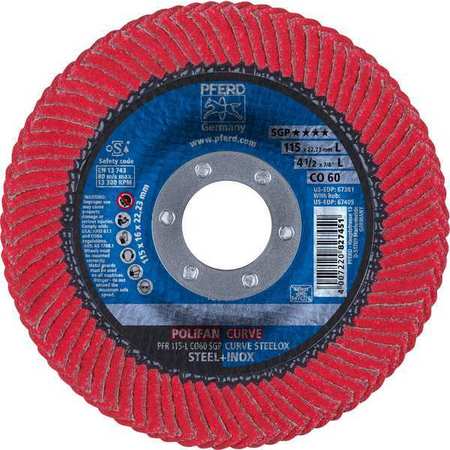 PFERD 4-1/2" x 7/8" A.H. POLIFAN® Flap Disc - CO SGP CURVE STEELOX, Ceramic oxide, 60 Grit, Large Radius 67381