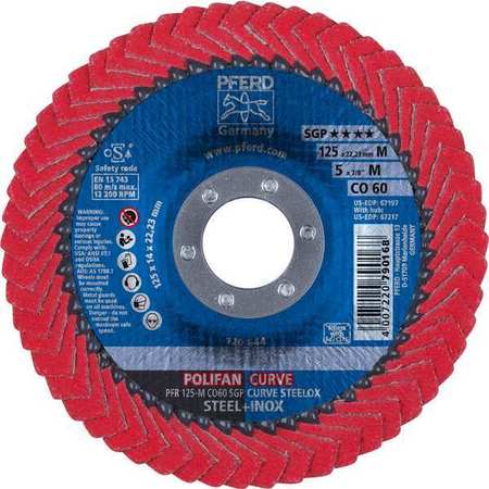 PFERD 5" x 7/8" A.H. POLIFAN® Flap Disc - CO SGP CURVE STEELOX, Ceramic oxide, 60 Grit, Medium Radius 67197