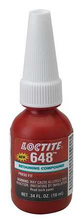 Loctite Retaining Compound, 648 Series, Green, Liquid, For Close-Fitting Parts, 10 mL Bottle 1835922