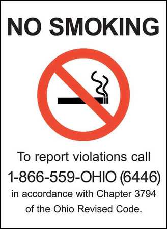 ZING No Smoking Window Decal, Ohio, 7 in Height, 5 in Width, Plastic, Rectangle, English 1858D