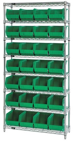 QUANTUM STORAGE SYSTEMS Steel, Polypropylene Bin Shelving, 36 in W x 74 in H x 12 in D, 8 Shelves, Green WR8-239GN