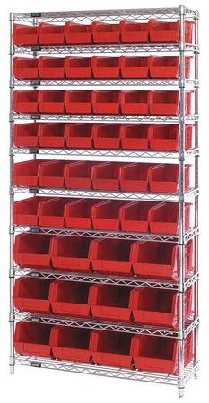 QUANTUM STORAGE SYSTEMS Steel Bin Shelving, 36 in W x 74 in H x 14 in D, 10 Shelves, Red WR10-230240RD