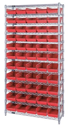 QUANTUM STORAGE SYSTEMS Steel, Polypropylene Bin Shelving, 36 in W x 74 in H x 12 in D, 12 Shelves, Red WR12-102RD