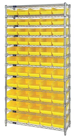 QUANTUM STORAGE SYSTEMS Steel, Polypropylene Bin Shelving, 36 in W x 74 in H x 12 in D, 12 Shelves, Yellow WR12-102YL