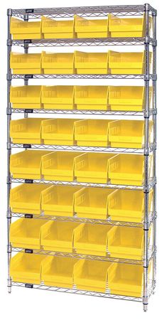 QUANTUM STORAGE SYSTEMS polypropylene Bin Shelving, 36 in W x 74 in H x 12 in D, 9 Shelves, Yellow WR9-207YL