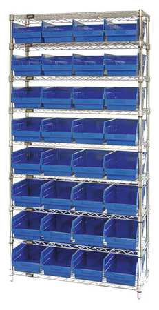 QUANTUM STORAGE SYSTEMS polypropylene Bin Shelving, 36 in W x 74 in H x 18 in D, 9 Shelves, Blue WR9-208BL