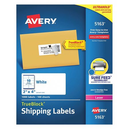 Avery Dennison Shipping Labels, Laser, 2"x4", Wht, PK1000 5163