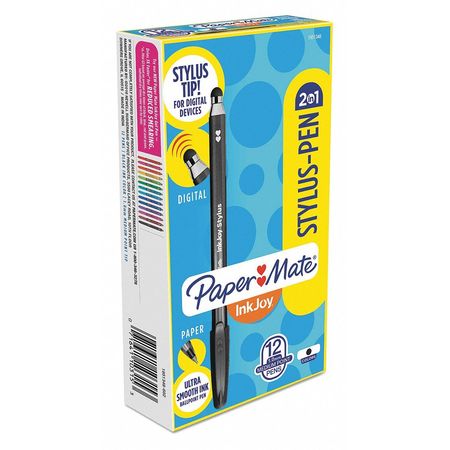 PAPER MATE Stylus Ballpoint Pens, 1mm, Black, PK12 1951348