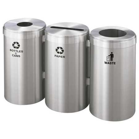GLARO 69 gal Round Recycling Bin, Open Top, Satin Aluminum, Aluminum, 3 Openings 1542-3SA-SA-B&C/P/W