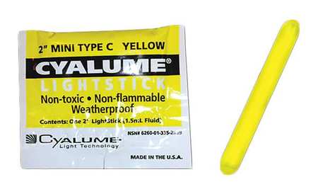 CHEMLIGHT BY CYALUME TECHNOLOGIES Lightstick, Yellow, 4 hr., 2 in. L, PK50 9-28690PF