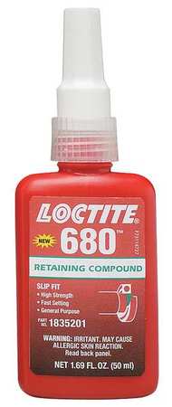 Loctite Retaining Compound, 680 Series, Green, Liquid, High Strength, 50 mL Bottle 1835201