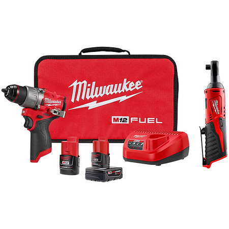 Milwaukee Tool Combo Kit and Ratchet, 12 V, Includes Batteries/Charger 3403-22, 2457-20