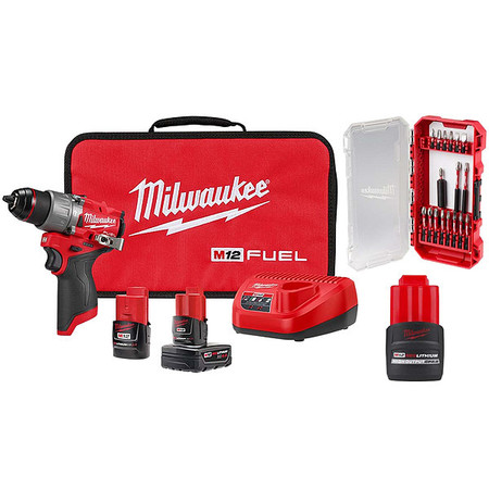 MILWAUKEE TOOL Hammer Drill Kit, Keyless, 12V, 3.1 lb 3404-22, 48-11-2425, 48-32-4403