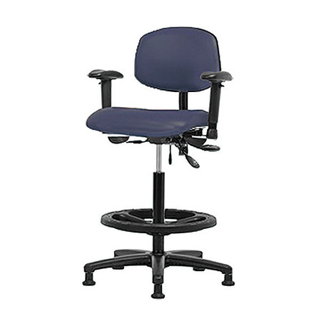BLUE RIDGE ERGONOMICS High Bench Chair, Vinyl, 26" to 35" Height, Adjustable Arms, Imperial Blue BR-VHBCH-RG-T1-A1-BF-RG-8582