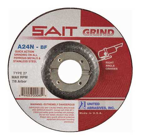 UNITED ABRASIVES/SAIT Depressed Center Grinding Wheel, 27, 4" Dia, 1/4" Thick, 5/8" Arbor Hole Size, Aluminum Oxide 20013