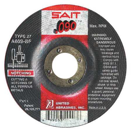 UNITED ABRASIVES/SAIT Depressed Center Cut-Off Wheel, Type 27, 4-1/2" Dia, .090" Thick, 7/8" Arbor Hole Size 20903