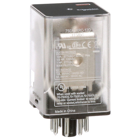 SCHNEIDER ELECTRIC General Purpose Relay, 12V DC Coil Volts, Octal, 8 Pin, DPDT 750XBXRC-12D