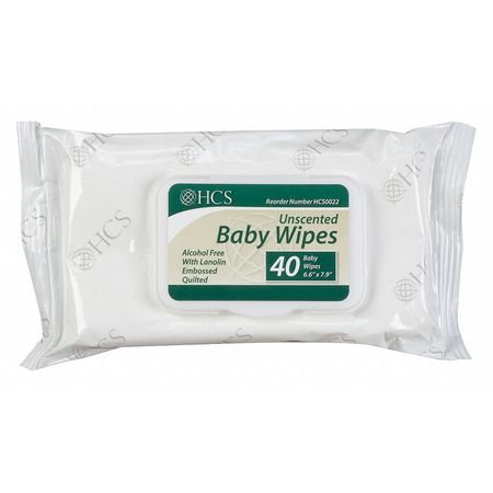 Hcs Baby Wipes, White, Soft Pack, Paper, 40 Wipes, 6 5/8 in x 7 7/8 in, Fragrance Free HCS0022