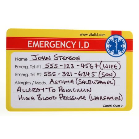 Vital Id Emergency Wallet I.D. Card, Plastic, PK200 WSID-04