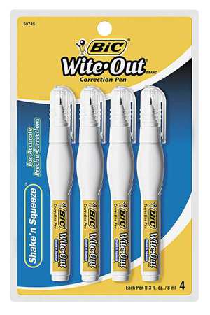 Bic Correction Pen, Stick, Extra Fine, Wht, PK4 BICWOSQPP418