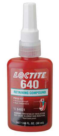 Loctite Retaining Compound, 640 Series, Green, Liquid, High Temperature, Extended Working Time, 50 mL Bottle 135520