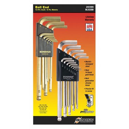 BONDHUS 22 Piece Metric/SAE L-Shape Hex Key Set, 20399 20399