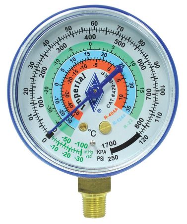 IMPERIAL Gauge, 2-1/2 In Dia, Low Side, Blue, 250 psi 424-CB