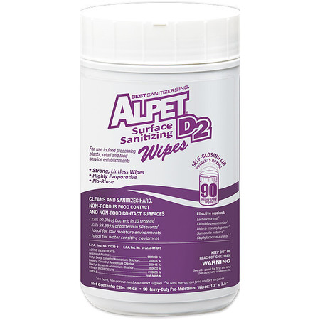 Best Sanitizers Alpet D2 Sanitizing Wipes, Canister, 10 in x 7 1/2 in, Unscented, 90 Wipes, 6 Pack SSW0001
