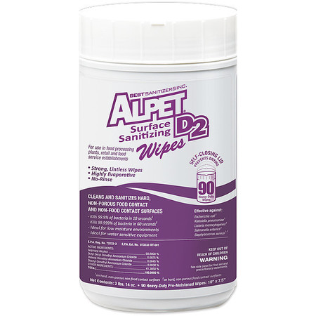 BEST SANITIZERS Alpet D2 Sanitizing Wipes, Canister, 10 in x 7 1/2 in, Unscented, 90 Wipes, 6 Pack SSW0001