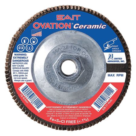 United Abrasives/Sait SAIT 78322 Ovation® Ceramic High Density Fiberglass Backed Flap Disc  (Type 27) 4-1/2" x 5/8"-11, 60 Grit, 10-Pack 78322