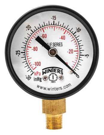 WINTERS Vacuum Gauge, 2in., 30in. Hg Vac to 0 PEM195LF