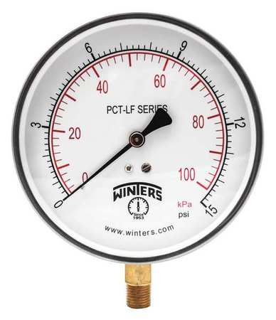 WINTERS Pressure Gauge, 0 to 15 psi, 1/4 in MNPT, Stainless Steel, Silver PCT319LF