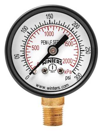 Winters Pressure Gauge, 0 to 300 psi, 1/8 in MNPT, Steel, Black PEM1323LF