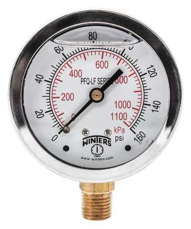 WINTERS Pressure Gauge, 0 to 160 psi, 1/4 in MNPT, Stainless Steel, Silver PFQ712LF
