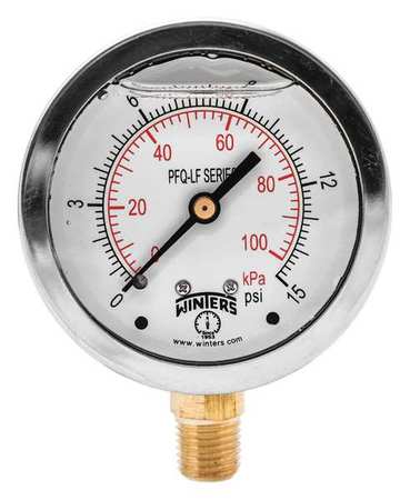Winters Pressure Gauge, 0 to 15 psi, 1/4 in MNPT, Stainless Steel, Silver PFQ800LF