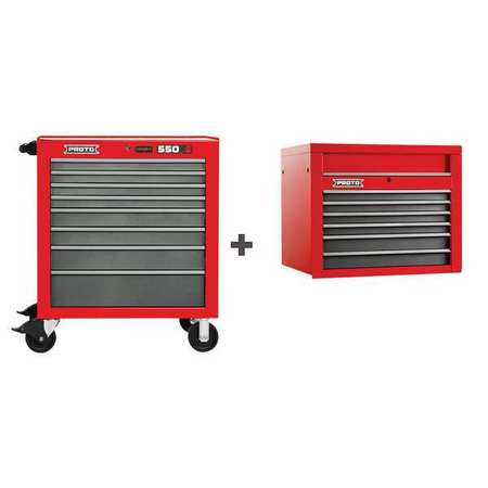 PROTO 550S Series Rolling Cabinet, 13 Drawer, Red/Gray, Steel, 34 in W x 25-1/4 in D x 68 in H J553441-8SG/J553427-6SG