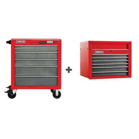 PROTO 550S Series Rolling Cabinet, 12 Drawer, Red/Gray, Steel, 34 in W x 25-1/4 in D x 68 in H J553441-6SG/J553427-6SG