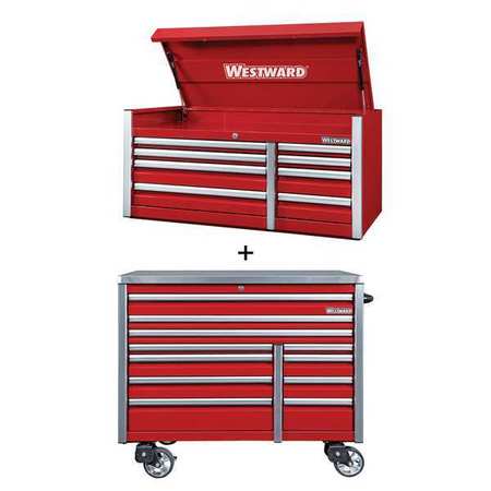 Westward WESTWARD Rolling Cabinet Kit, 19 Drawer, Red, Steel, 54 in W x 26 in D x 73 in H 361LP8