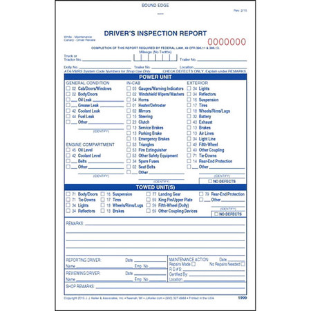 JJ KELLER Vehicle Inspection Form, 3 Ply, Carbonless 1999