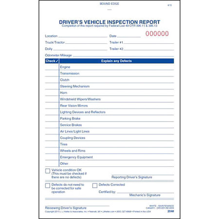 JJ KELLER Vehicle Inspection Form, 2 Ply, Carbonless 2048