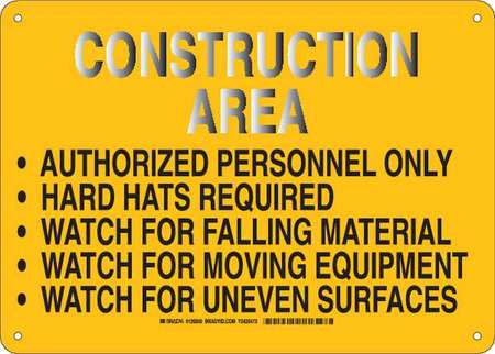 BRADY Construction Site Sign, 10 in Height, 14 in Width, Plastic, Rectangle, English 126850