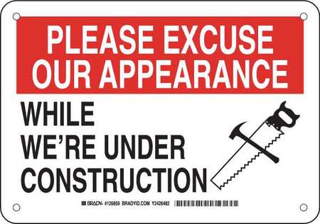 BRADY Construction Site Sign, 7 in Height, 10 in Width, Plastic, Rectangle, English 126859