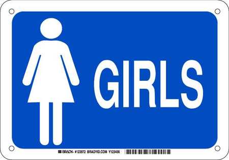 BRADY Restroom Sign, Eng, Plastic, 7 X10, Wht/Blue, Legend: Girls, 123972 123972