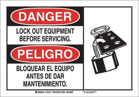 BRADY Danger Sign, 7 in Height, 10 in Width, Plastic, Rectangle, English, Spanish 125116